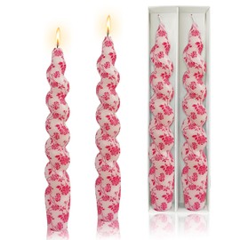Rose Printed Candlestick Handmade Twisted Candle Smokeless Spiral Candle 7.5 INCH Flower Tapered Candles for Home Wedding Dinner Holiday Party（2 Pcs