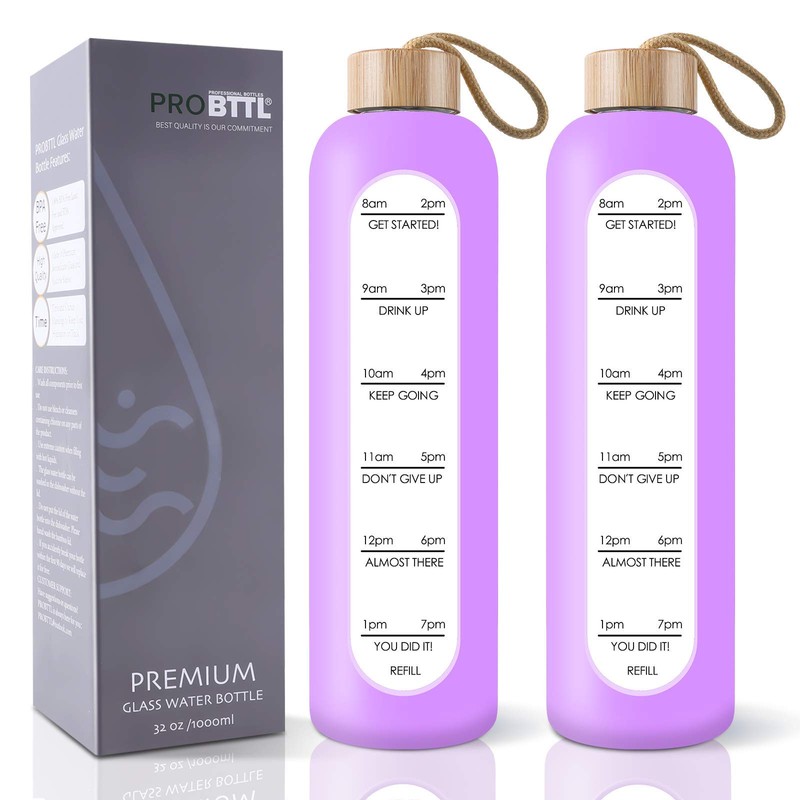 PROBTTL 32 Oz Borosilicate Glass Water Bottle with Time Marker