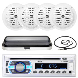 Pyle Audio Bundle 4" 100W Marine White Speakers, Pyle AUX SD USB Bluetooth Receiver,Cover
