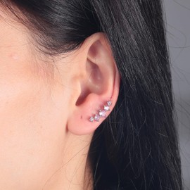 CiNily Ear Crawler Earrings with Pink Cubic Zircon, 14K White Gold Plated Cuff Climber Earrings Small Flat Back Stud Earrings Gem Jewelry for Women Hypoallergenic