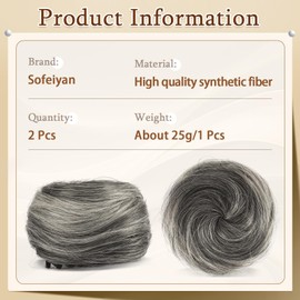 SOFEIYAN 2PCS Mini Claw Clip in Hair Bun Messy Cat Ears Hair Bun Extension Synthetic Donut Wig Accessory Updo Space Bun Hair Pieces for Women Girls, Gray and White Tips