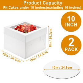 Cupplation Cake Boxes with Window and Cake Boards, 10 x 10 x 8 Inches, 2 Pack, Disposable Bakery Containers for Wedding, Birthday, Party (10 inch)