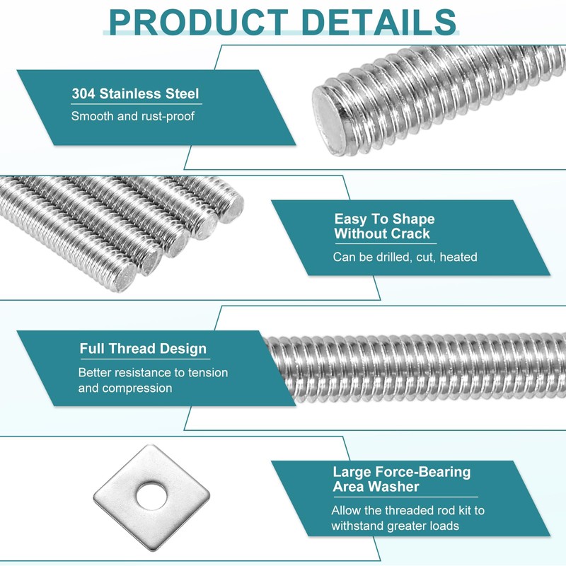 uxcell 2Pcs Fully Threaded Rod, M8 x 300mm 304 Stainless