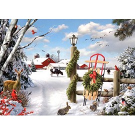 LPG Greetings Winter Farm Scene, Wildlife and Sled Leaning Against Fence Alan Giana Christmas Card