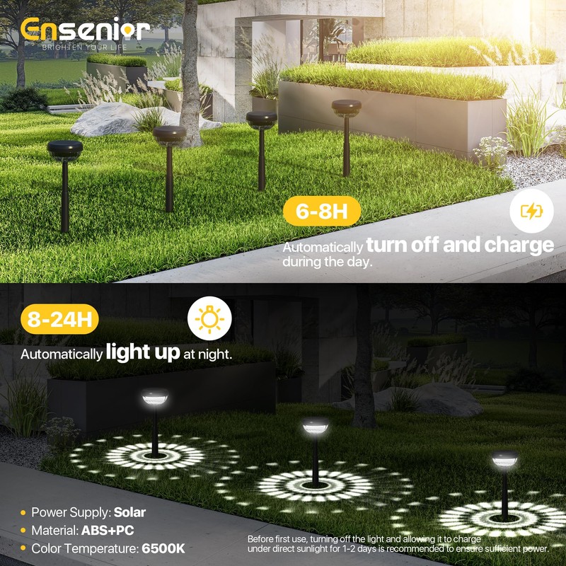 Ensenior 8-Pack Solar Lights Outdoor, Auto ON/Off 6500K LED Solar