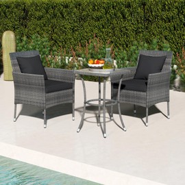 Tangkula 3-Piece Patio Furniture Set, PE Wicker Conversation Bistro Set w/A Tempered Glass Table & 2 Cushioned Chairs, Outdoor Table & Chairs Set for Patio Porch Yard Garden (Black)