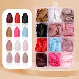 12Packs 288Pcs Almond Press on Nails Solid Color False Nails Tips Medium Fake Nails Glossy Acrylic Nails Reusable Artificial Nails Full Cover Glue on Nails for Women Manicure Deco 12 Size - 12 Colors