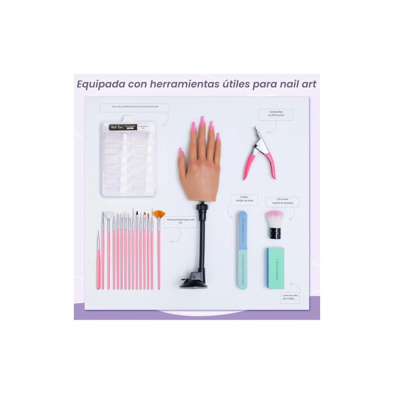 Mano de práctica para uñas acrílicas, maniquí de silicona realista