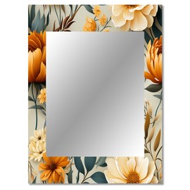 DesignQ Neutral Elegance in Blooms Floral Wall Mirror, Printed Beige Wall Mirror, Traditional Bathroom Wall Mirror, Decorative Floral Mirror - 30x40 Inches