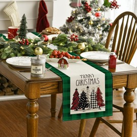 Artoid Mode Watercolor Green and Black Buffalo Plaid Christmas Trees Merry Xmas Table Runner, Seasonal Winter Holiday Kitchen Dining Table Decoration for Indoor Outdoor Home Party Decor 13 x 90 Inch