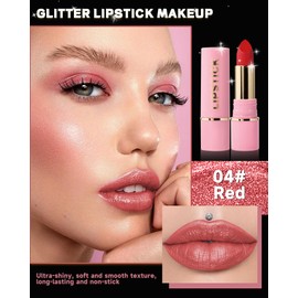 Diamond Glitter Matte Lipstick,Red Metallic Shimmer Lip Gloss Lip Tint,Longlasting Waterproof Non-Stick Lip Color,Full Coverage Lipgloss Lipstain,Valentine's Day Lip Makeup Gift for Women Girl-04