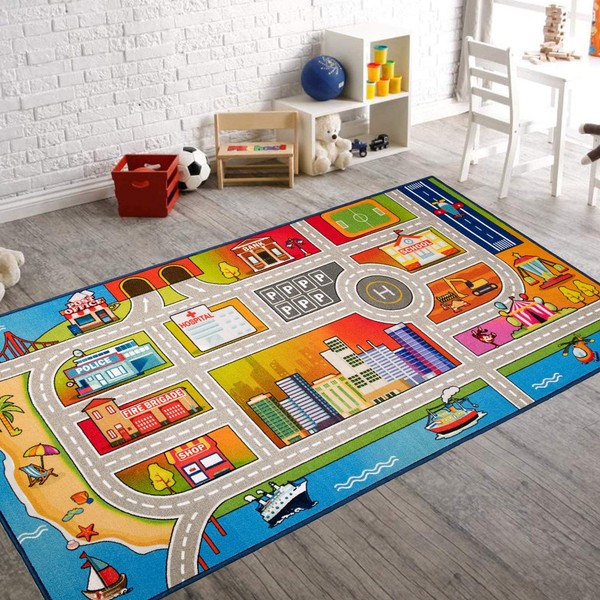 Kids Car Rug Play Mat 60x32 inches,Car Mat for Kids Toy Cars,Colorful Rug,Non Slip Kids Rug for Bedroom Boys Playroom,Kids Play Rug for Cars Trucks,Fun Area Rug Play Mat,Around City Town Play Carpet