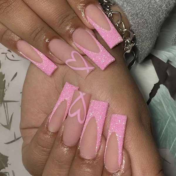 DOCVOEOMH Valentines Press on Nails Long Square French Pink Fake