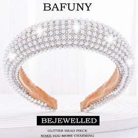 Bafuny White Pearl Headband Glitter Rhinestone Hairbands Padded Wide Head Bands Wedding Headpieces for Women and Bridal