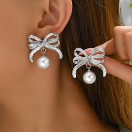 Silver Bow Earrings for Women Silver Bow Dangle Earrings Pearl Bow Earrings Christmas Earrings Sparkly Bow Stud Earrings Bowknot Earrings Silver Bow Jewelry (1 - Silver bow with pearl)