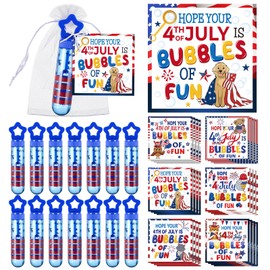 Rotatingpals 24 Set 4th of July Bubble Wand Gifts, Include 24 Pcs 7.9 x 0.4” Patriotic Bubble Wands with Bubbles Solution, 24 Animal Independence Day Cards for Party Favors Gifts Prizes