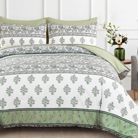 WONGS BEDDING Boho Comforter Set King Size, 7 Pieces Bed in A Bag, Bohemian Striped Bedding Sets, Green Floral Comforter and Sheet Set, Soft Microfiber Fill Bedding for All Season(104"X90")