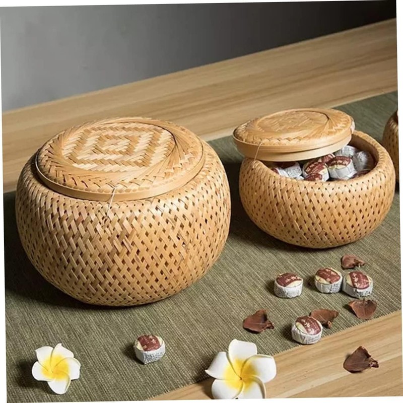 Roundsky Set of 2 Small Decorative Bamboo Baskets with Lid
