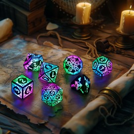 DND Dice LED - Magical Glow Light Up Dice, Rechargeable Polyhedral Dice, Wireless Charging Case & Full 7-Die Set, for D and D RPG Games (Colorful)