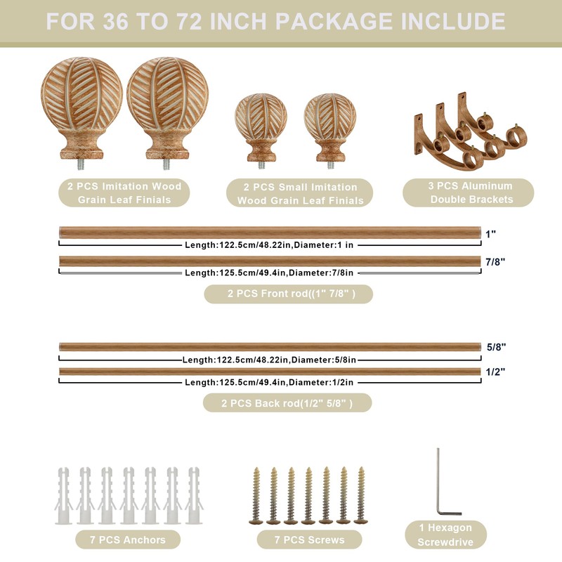 Mayrhyme Wood Double Curtain Rods Set for Windows 36 to