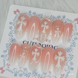Peach Glow Cross Handmade Nail Tips - Ballerina / 피치 글로우 크로스 수제네일팁 - 발레리나