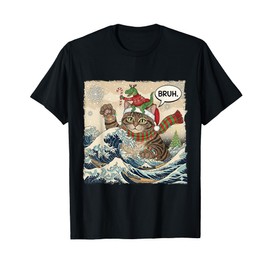 Bruh Funny Catzilla Cat Dinosaur Christmas Wave Japanese Art T-Shirt