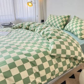 CLOTHKNOW Green White Plaid California King Comforter Set 3Pcs Grid Bedding Comforter Sets Checker Comforter with 2 x Pillowcases