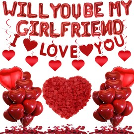 Will You Be My Girlfriend - 59 Pcs Red Confession Letter Balloons Foil Heart Balloons Rose Petals I Love You Banner Swirls For Romantic Specail Night Wedding Engagement Valentines Day Party Supplies