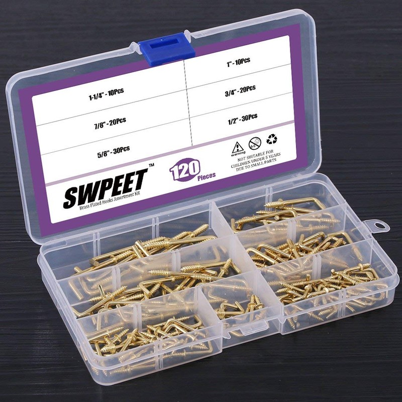 Swpeet 120Pcs 6 Sizes Gold Brass Plated Metal Screw-in Square