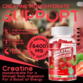 Creatine Monohydrate Gummies Complex for Men & Women -Advanced Formula W/L-Taurine + Vitamin B12, Sugar Free Chewable Supplement,90 Strawberry Gummies