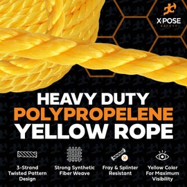 Yellow Twisted Polypropylene Rope, 1/4" Thickness x 100' Length Heavy Duty Poly Ropes for Outdoor and Marine Use, Yellow Rope for Visibility & Safety