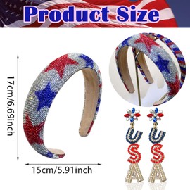 MEFINESHOW 4th of July Headband & Patriotic Earrings for Women Red White and Blue Accessories Wide Crystal Rhinestone American Flag Hair Headband for Independence Day Pride Accessories