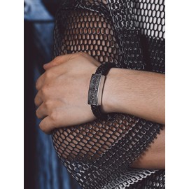 Bandmax Hexagram Leather Cuff Bracelet for Men Black Leather Braided Wrap Bangle Wristband Mens Punk Gothic Rock Bracelet Protection Amulet Jewelry -21"