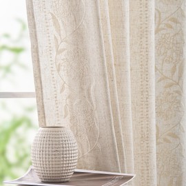 jinchan Linen Curtains for Bedroom 63 Inches Length Linen Blended Embroidered Floral Curtains for Living Room Farmhouse Decor Light Filtering Window Treatments Ivory on Beige Drapes 2 Panels