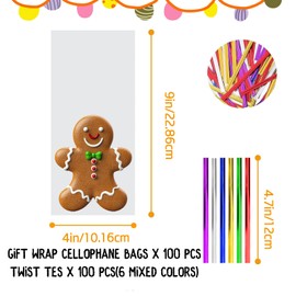 LEOSINDA Clear Cellophane Treat Bags 100pcs 4 X 9 Inch Clear Cellophane Bags with 6 Mix Colors Twist Ties for Gift Wrapping,Packaging Candies,Cookie，Dessert,Bakery, Popcorn, Chocolate,Party Favor