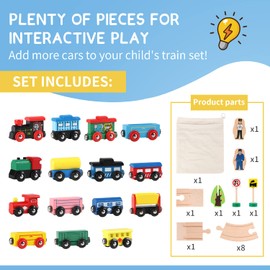 Joqutoys 31 PCS Wooden Train Cars - Magnetic Train Set Includes 15 Cars, 10 Bonus Connectors & Storage Bag, Wooden Train Set Toy Train for Kids Toddlers, Compatible with Major Brands Train Tracks Set