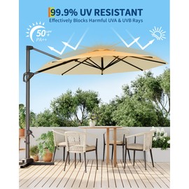 GarveeLife 10FT Cantilever Umbrella Outdoor Patio Umbrella Solar LED w/Base Included Market Offset Umbrella Sun Shade Windproof with 360-Degree Rotation for Patio Garden Deck Pool, Beige