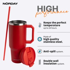 NORDAY | Tumbler with Lid and Straw - 40 oz Tumbler with Handle | Stainless Steel Insulated Water Bottle | Travel Thermos