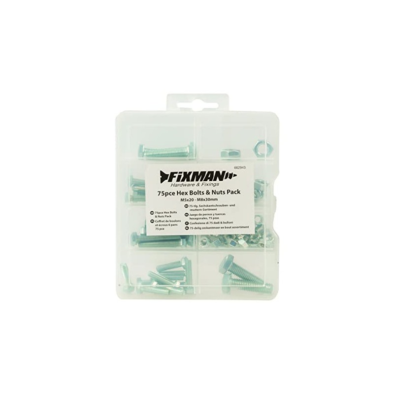 Fixman 662943 Hexagonal Screws and Nuts Assortment 75 Pieces, Grey,