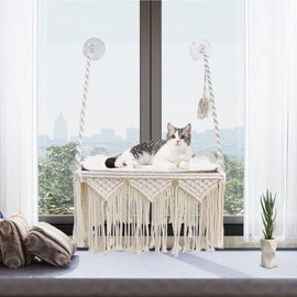Cat Window Perch Macrame Cat Hammock Boho Wall Mounted Pet Resting Seat Bed for Sunbathing, Napping & Overlooking with 4 Seat Suction Cups & Fleece Blanket & Knitted Ball Toy - Weighted up to 35lbs.