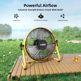 YUEMA Battery Operated Floor Fan - Rechargeable Powered Fan Cordless High Velocity Metal Blade Portable Fan for Camping Travel Patio Tent Indoor Outdoor 12 Inch 360 Degree Manual Tilt 12 Speed