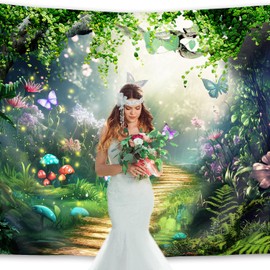 Imirell Fairy Tale Backdrop 7Wx5H Feet Enchanted Woodland Green Spring Butterfly Flower Yellow Brick Road Polyester Fabric Princess Magic Photography Backgrounds Photo Shoot Decor Props Decoration