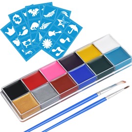AOMIG Face Painting Kits, 12 Colors Christmas Face Body Paint Kit, SFX Makeup Paint with 2 Brushes & 30 Stencils, Professional Oil Non Toxic Makeup Palette for Kids Adults Birthday Party Cosplay