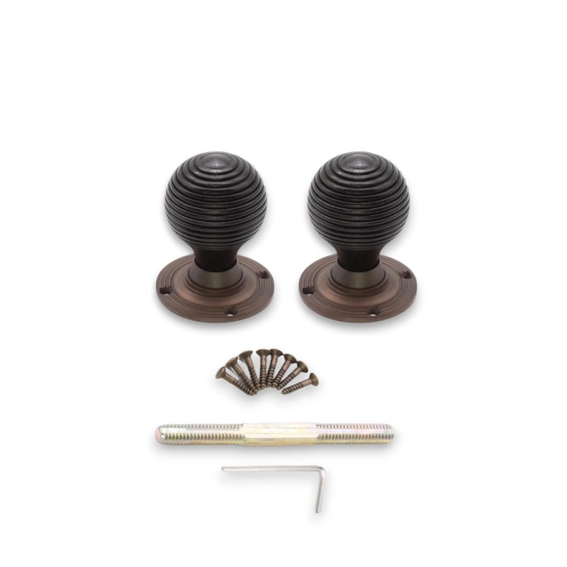 Infinity Decor Ebonised Wooden Beehive Rim Mortice Door Knobs Brass
