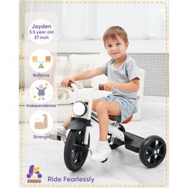KRIDDO Kids Tricycle, 12 Inch Puncture Free Wheel w Front Light, Adjustable Seat Height, Gift for 2-5 Year Olds, White