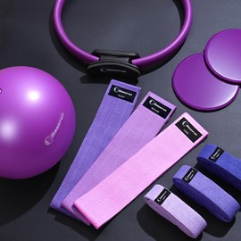 Goocrun Pilates Ring Set Exercise Equipment, with Fabric Resistance Bands Set, Pilates Ball, Sliding Disks. Portable Home Gym - with Fitness Guide Poster (Purple)