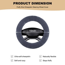 MUQIDA Fluffy Car Steering Wheel Cover, 15 Inch Soft Warm Plush Anti-Slip Furry Wheel Protector, Universal Fuzzy Comfortable Steering Wheel Covers for Winter, Car Accessories (Gray)