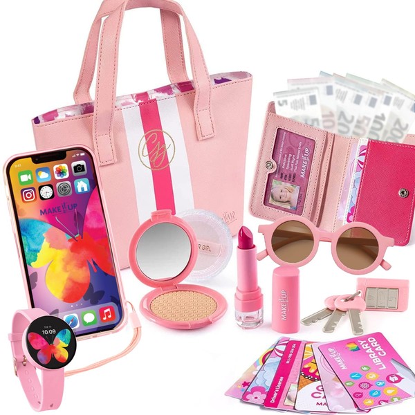 Pretend Play Children's Handbag and Makeup Toy with Princess Pretend Makeup Smartphone Wallet Keys Credit Cards and VIP