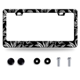 Black White Tropical Leaf License Plate Frame License Plate Stainless Steel Auto Parts License Plate Decorative with Screws Size 12.3" x 6.3" for Men Women
