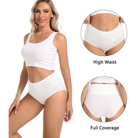 HAVVIS Women's Briefs Underwear Cotton High Waist Tummy Control Panties Rose Jacquard Ladies Panty Multipack (Brief 04-5 Pack - White, Small)